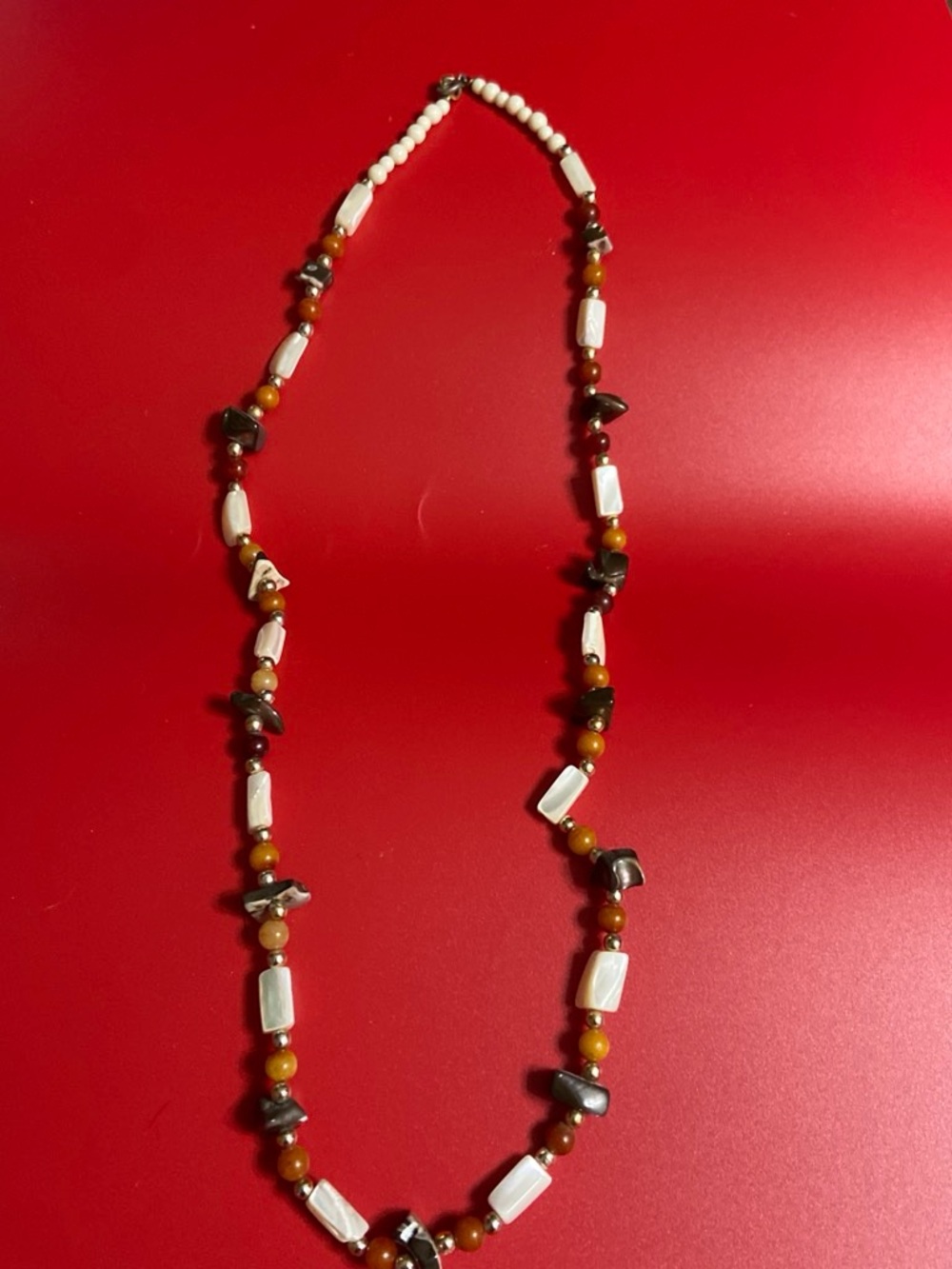 White, Brown & Gold Beaded Women's Necklace — Natural Stone Accent